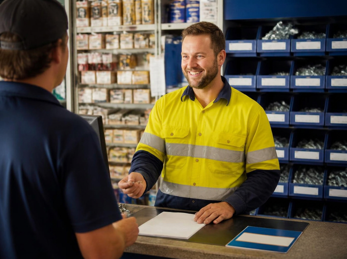 Staff member serving a customer at the Coastal Steel & Fasteners trade counter