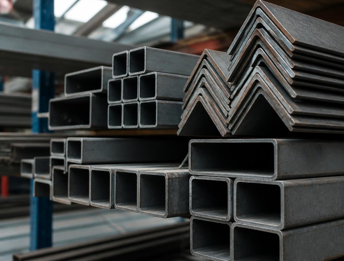 Stacked structural steel beams, angle and RHS tube at Coastal Steel & Fasteners
